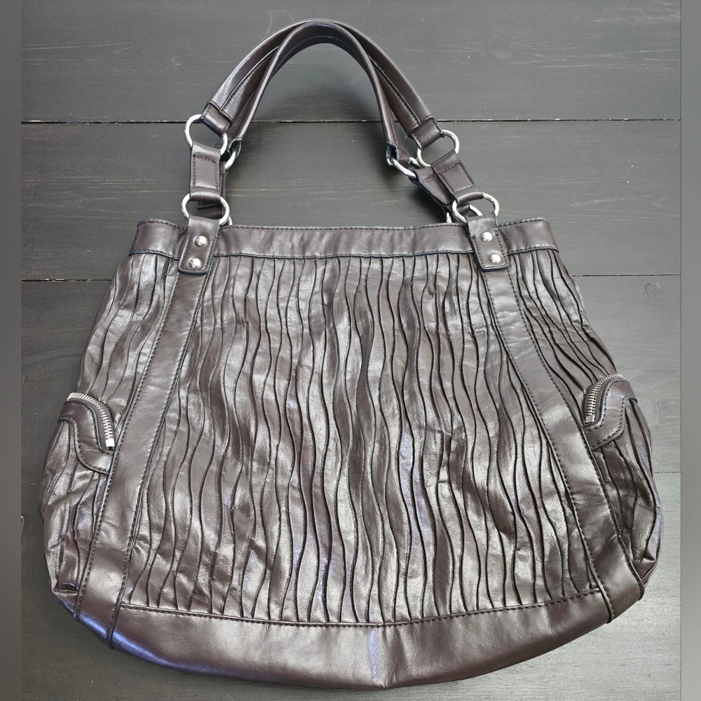 a.n.a A New Approach Dark Brown Faux Leather Boho Purse Side Zippers GUC Soft